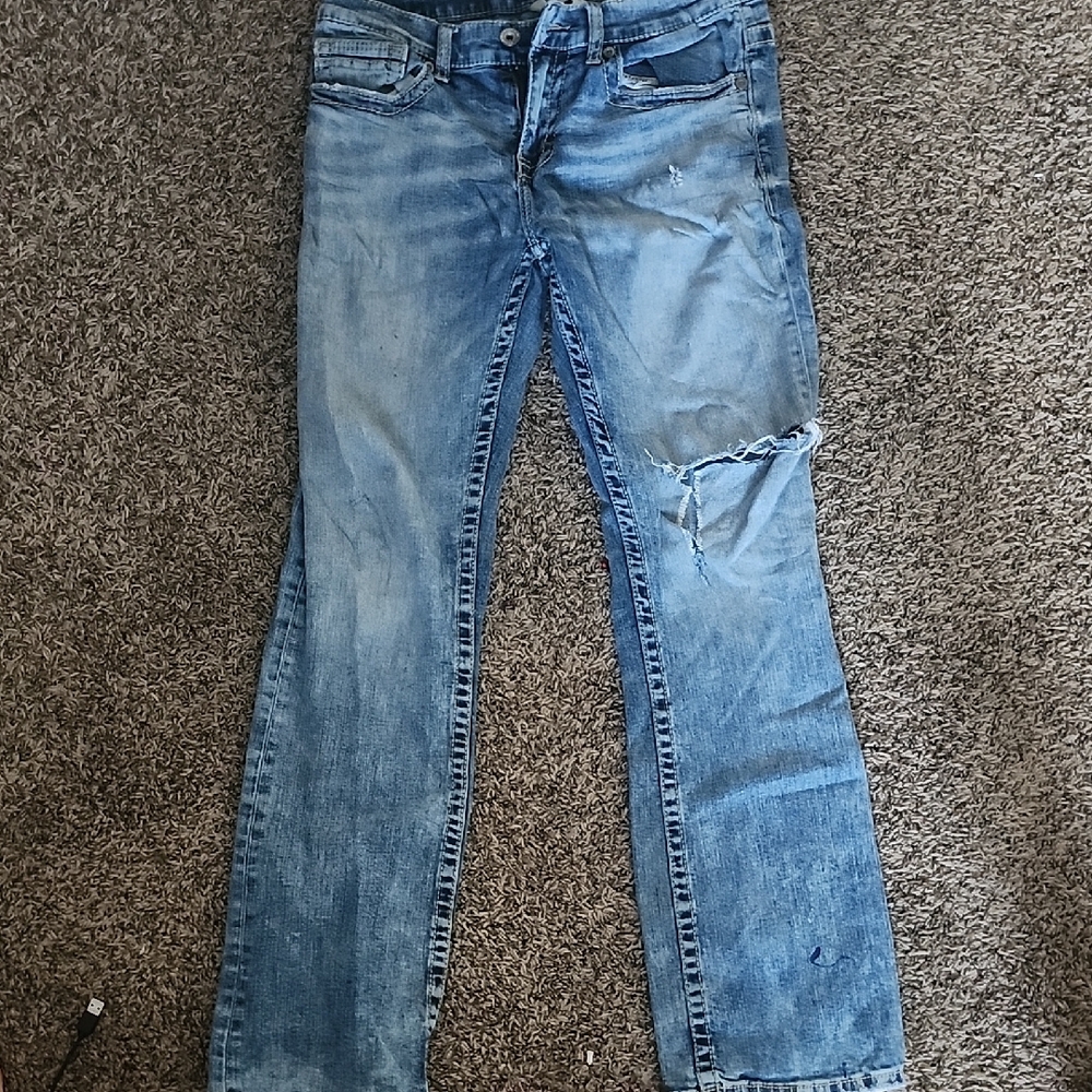BKE Blue Straight Leg Jeans with Distressed Details